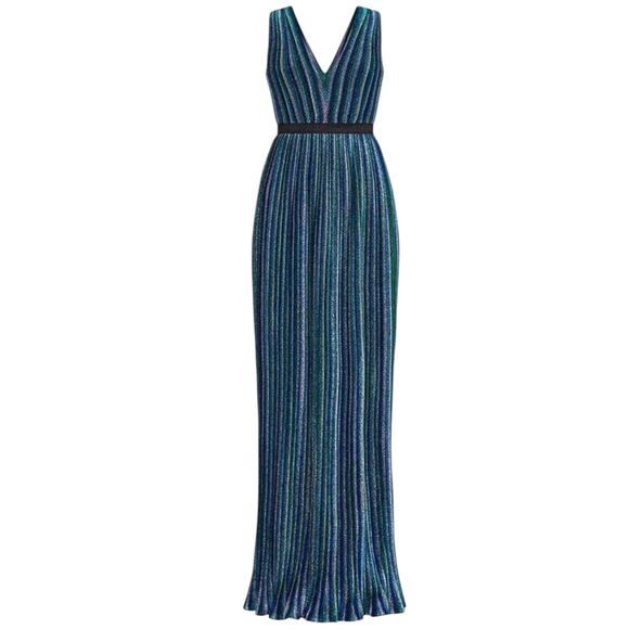BCBGMaxAzria Metallic Striped Pleated Evening Gown Green Blue Size XXS - Picture 14 of 14
